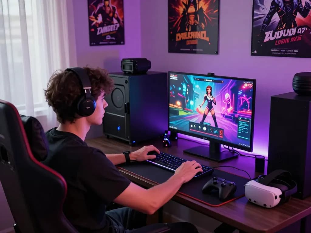 Engaged player immersed in porngames on a vibrant gaming setup with colorful graphics.