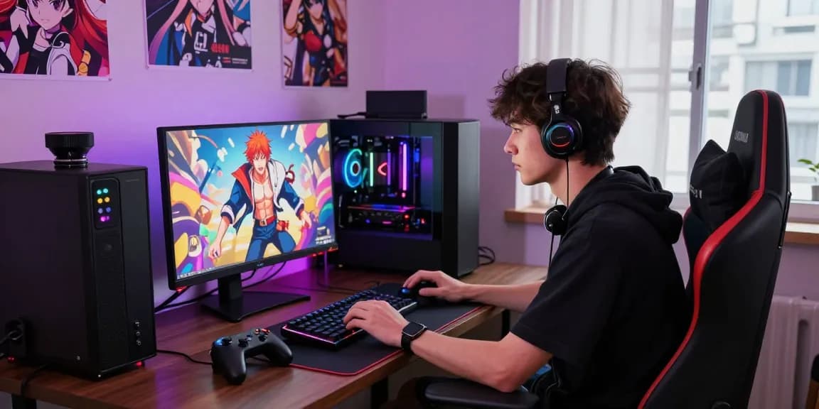 Engaging gaming setup showcasing a young man immersed in a gay hentai game on a colorful high-end PC desktop.