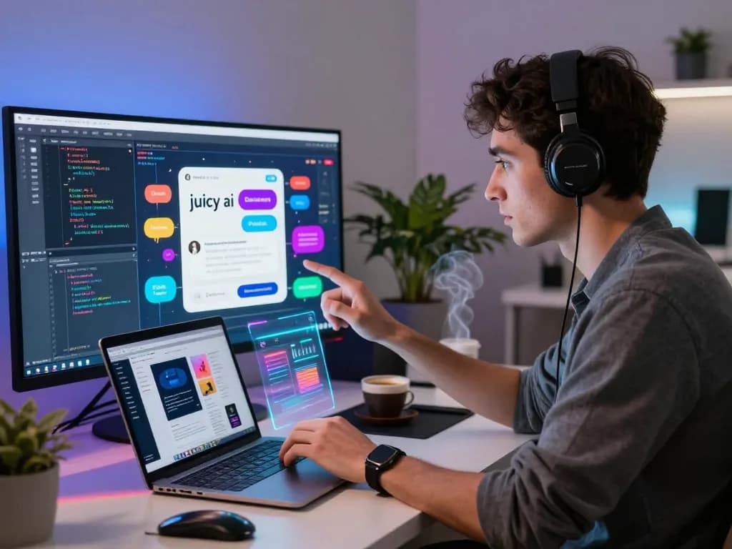 Developer using juicy ai technology in a modern home office with holographic displays and vibrant coding.