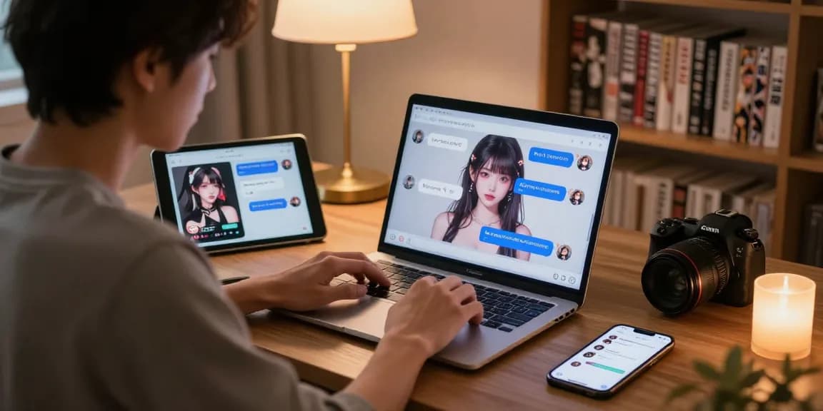 Engaging hentai ai chat on laptop with cozy ambiance and digital devices.
