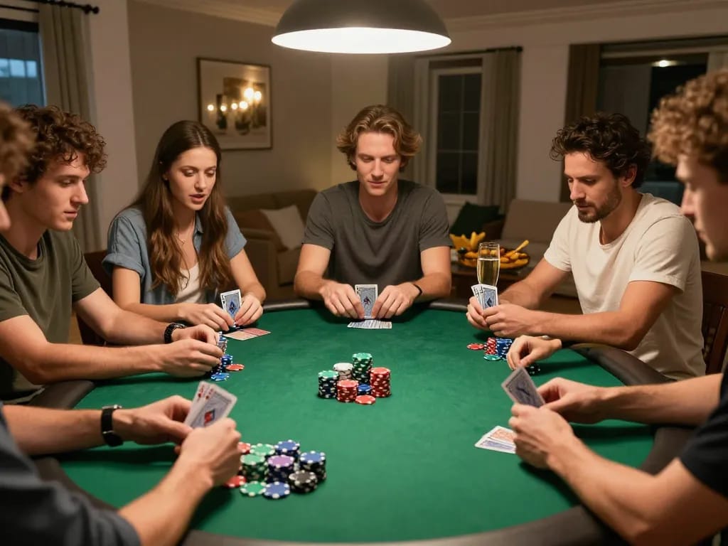 Players engaging in các hình thực cược trong Poker with vibrant chips in a lively home setting