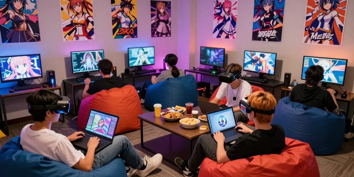 Excited gamers playing ecchi games in a vibrant digital lounge.