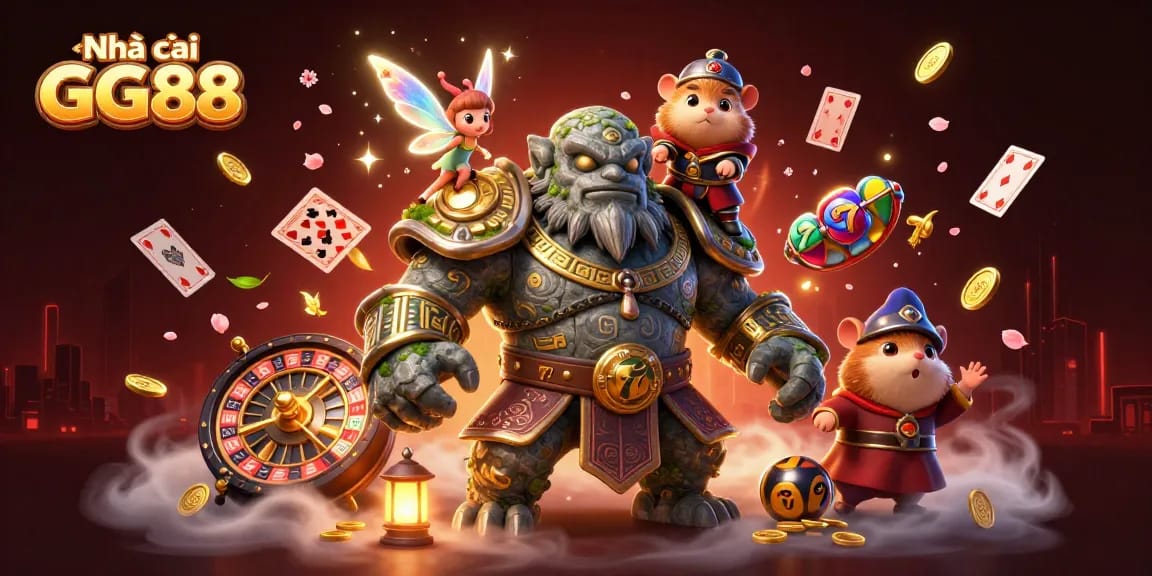 Experience the excitement at Nhà cái GG88 with a dynamic illustration showcasing casino elements and magical characters.