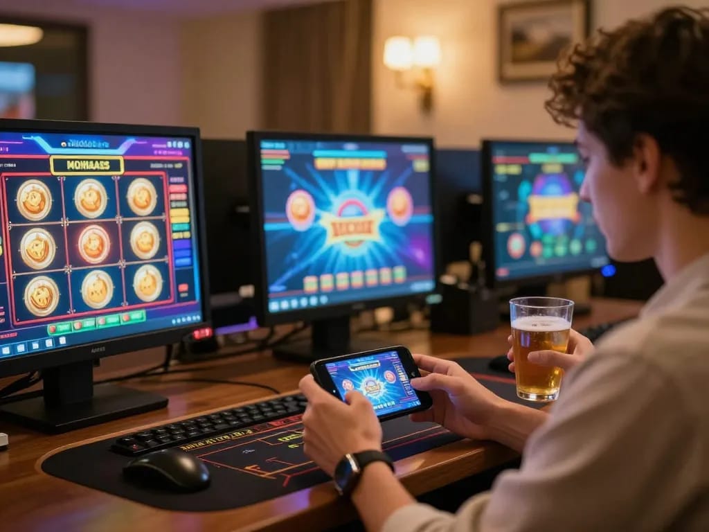 Pemain yang terlibat dalam permainan kasino online di https://burtonsbamboogarden.com/biop/, menampilkan mesin slot yang berwarna-warni.