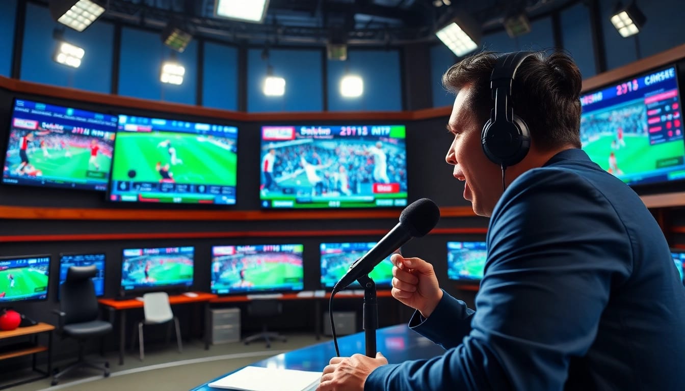 Engaging sports broadcasting host presenting live updates in a vibrant studio.