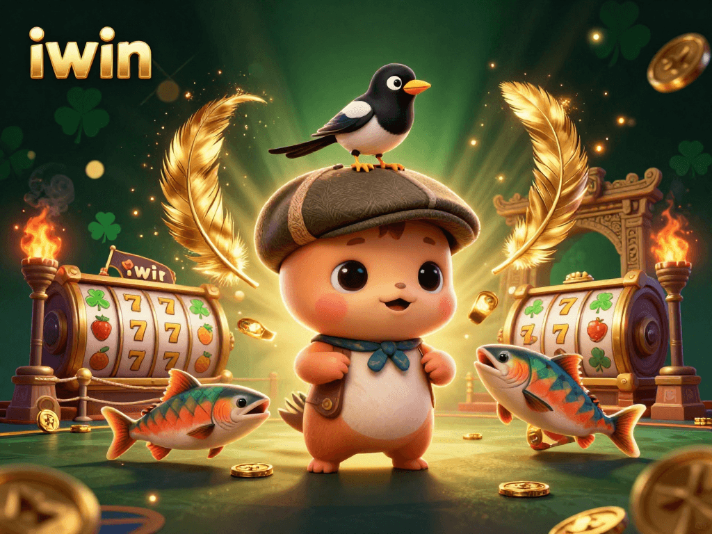 Engage in thrilling iwin casino action with cartoon Nessie and gold elements amidst a vibrant gambling scene.