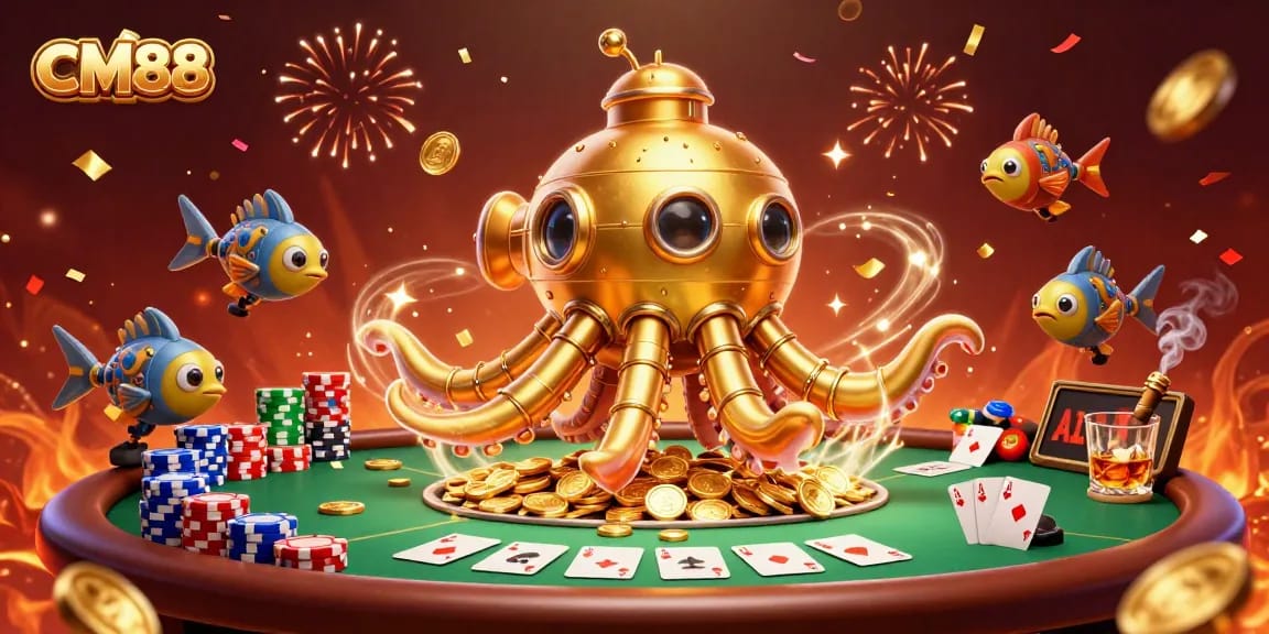 Experience thrilling moments at CM88 with a golden kraken submarine diving into poker action.