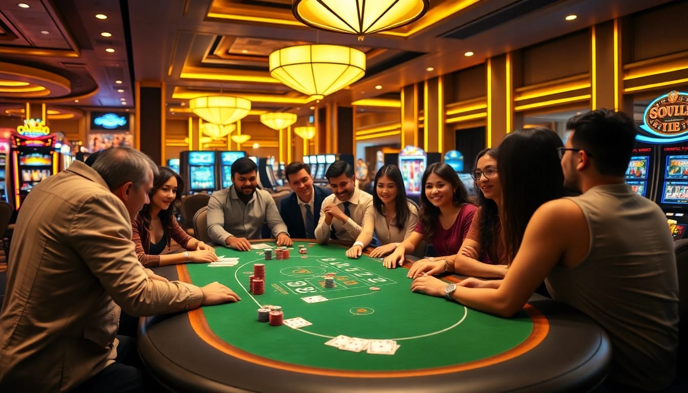 SODO66 players enjoying an upscale casino environment with poker chips and lively atmosphere.