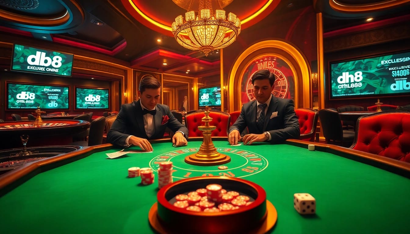 Two players intensely focus on a card game, surrounded by luxurious casino elements, with dh 88 promotions in the background.