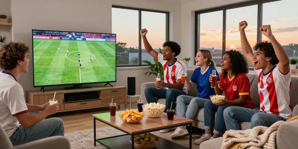 رابط مشاهدة مباريات اليوم بدون تقطيع, friends enjoying live football match in modern living room