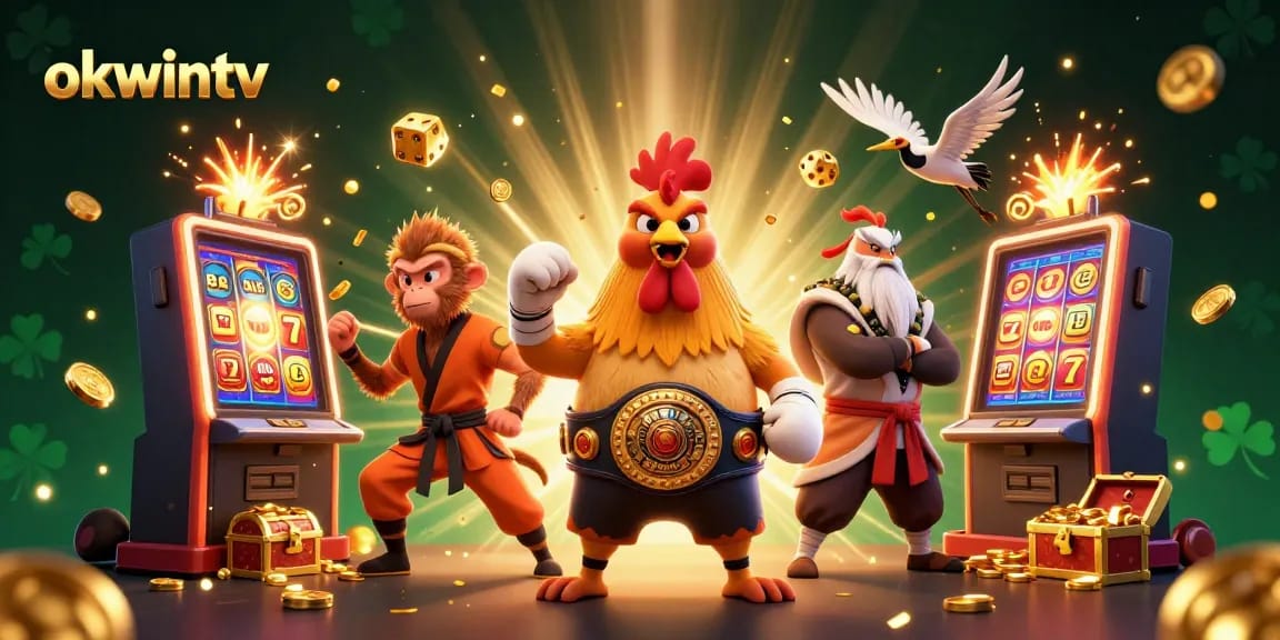 Experience thrilling action at okwintv with a vibrant 3D illustration featuring martial characters and dynamic casino elements.