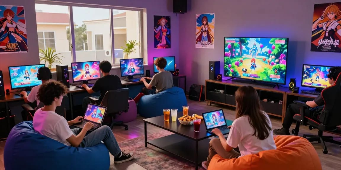 Group of friends enjoying hentai games in a vibrant gaming lounge, showcasing diverse characters and animated RPG scenes