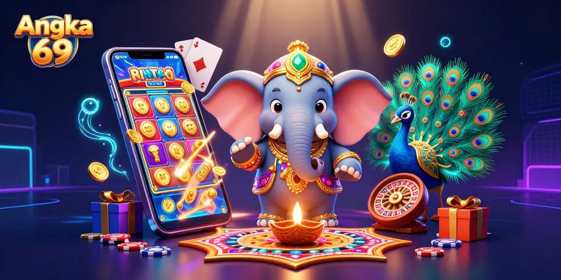Play colorful slot games with Angka 69 featuring vibrant characters and casino elements.