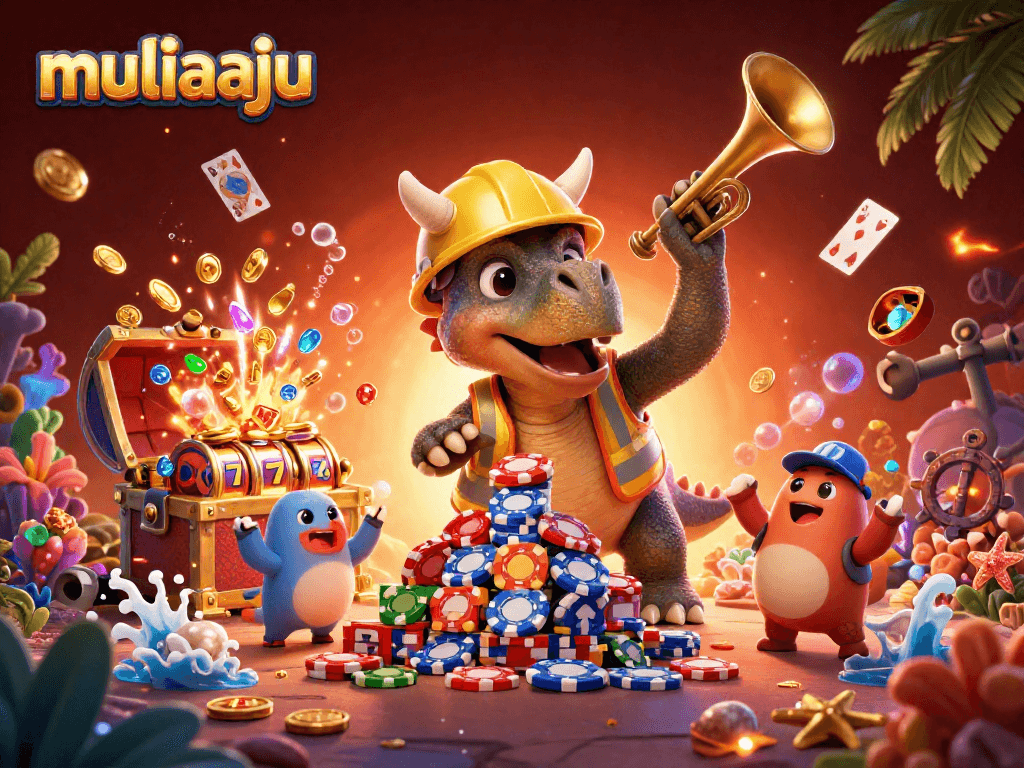 Join muliaaju for thrilling online slots action with a joyful triceratops building poker chip pyramids.