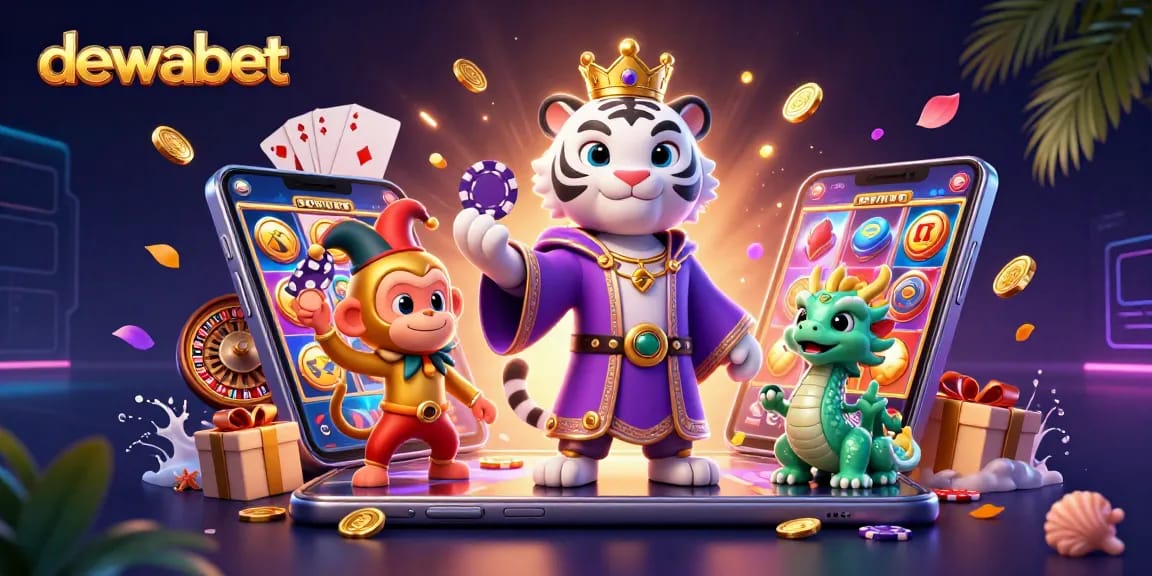 Dewabet menampilkan slot online dengan vending mesin modern dan karakter unik dalam permainan kasino.