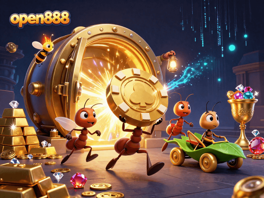 Engage in thrilling action at open888 with a 3D scene of ants planning a heist.