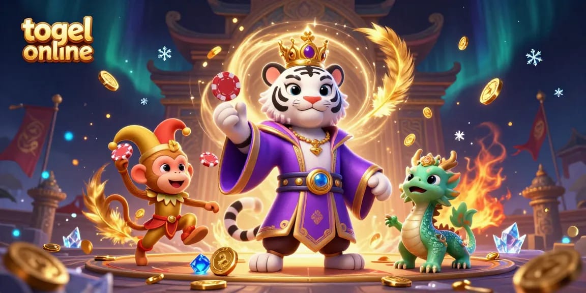 Experience the thrill of togel online with this vibrant 3D casino illustration featuring a majestic tiger and playful monkey.