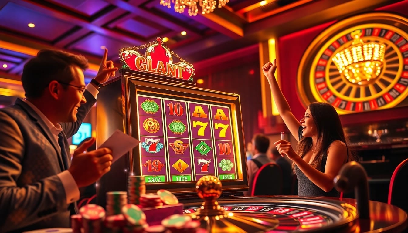 Players engaging with the slot777 machine, celebrating wins in a vibrant casino setting.