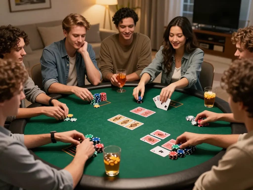 Players enjoying a thrilling poker night at home with au88 brand cards and chips, celebrating a winning hand.