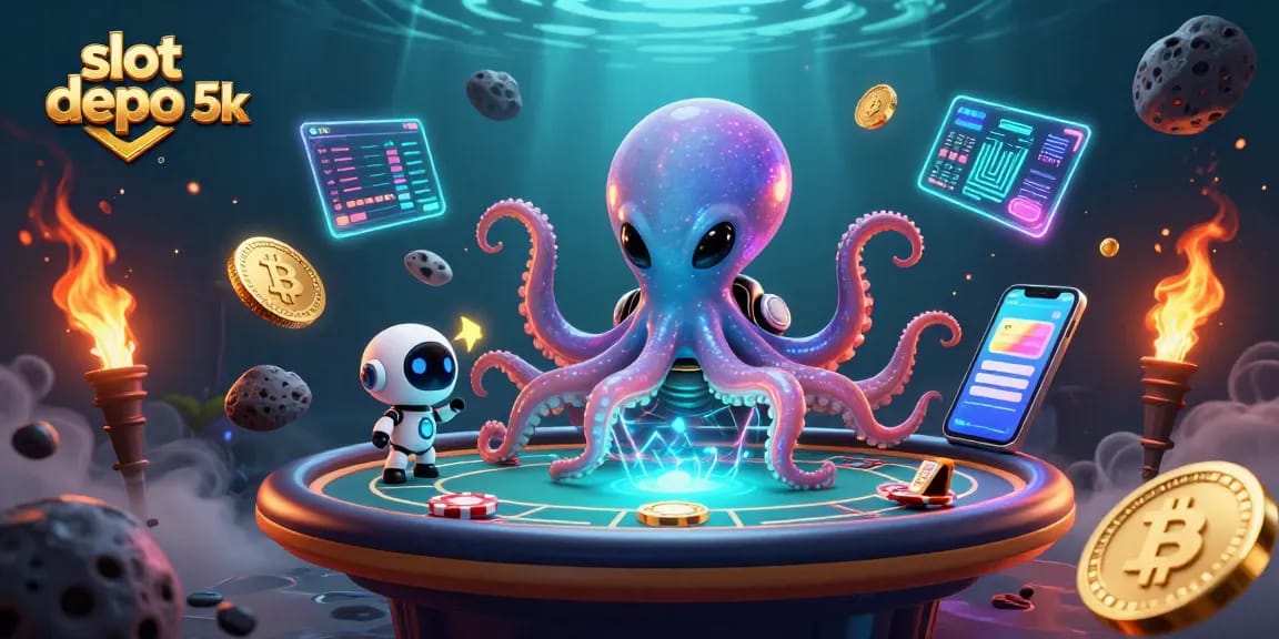 bermain di slot depo 5k dengan alien dan robot sambil dikelilingi koin kripto yang bersinar.