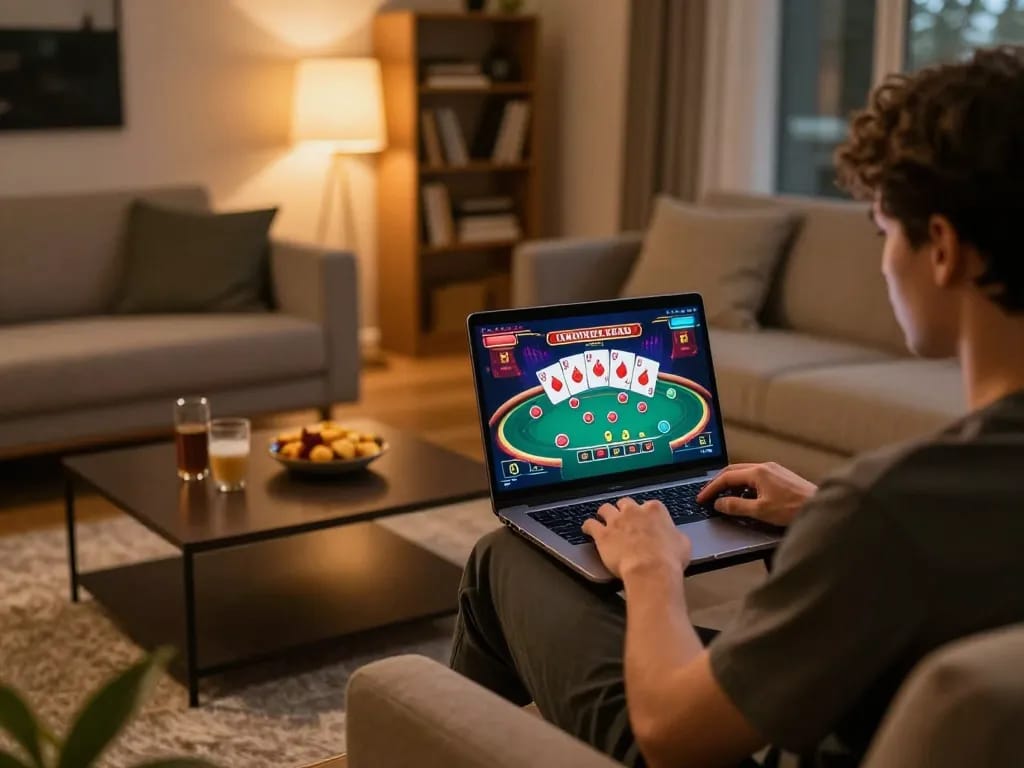 Person enjoying online Fun88 gaming on a laptop in a cozy atmosphere surrounded by snacks.