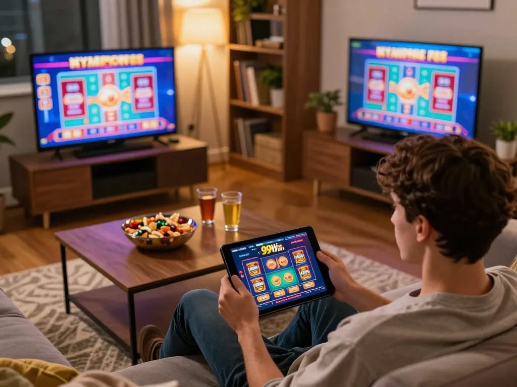 Player enjoying a 99Win online gaming experience on tablet in cozy home setting