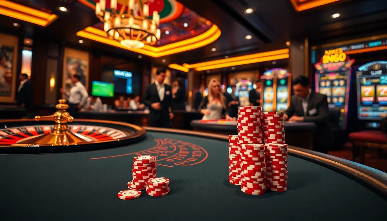Strategic player placing bets with NK88 love poker chips and cards on luxurious casino table