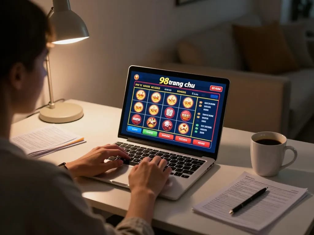 Engaging in responsible gaming on 98win trang chu through laptop at home, showcasing betting options.