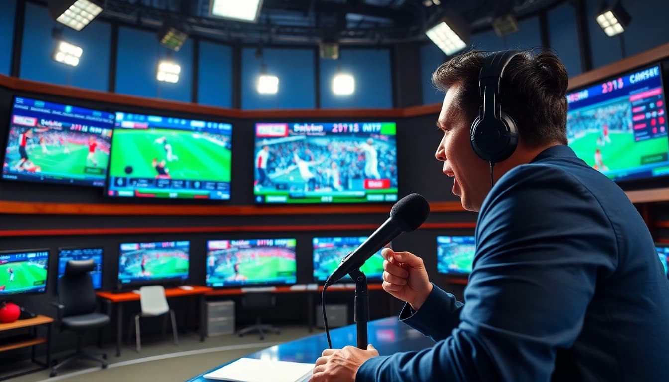 Engaging sports broadcasting host presenting live updates in a vibrant studio.