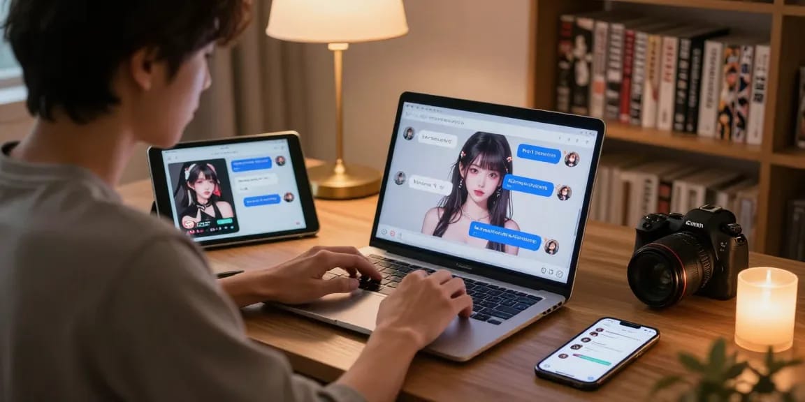 Engaging hentai ai chat on laptop with cozy ambiance and digital devices.