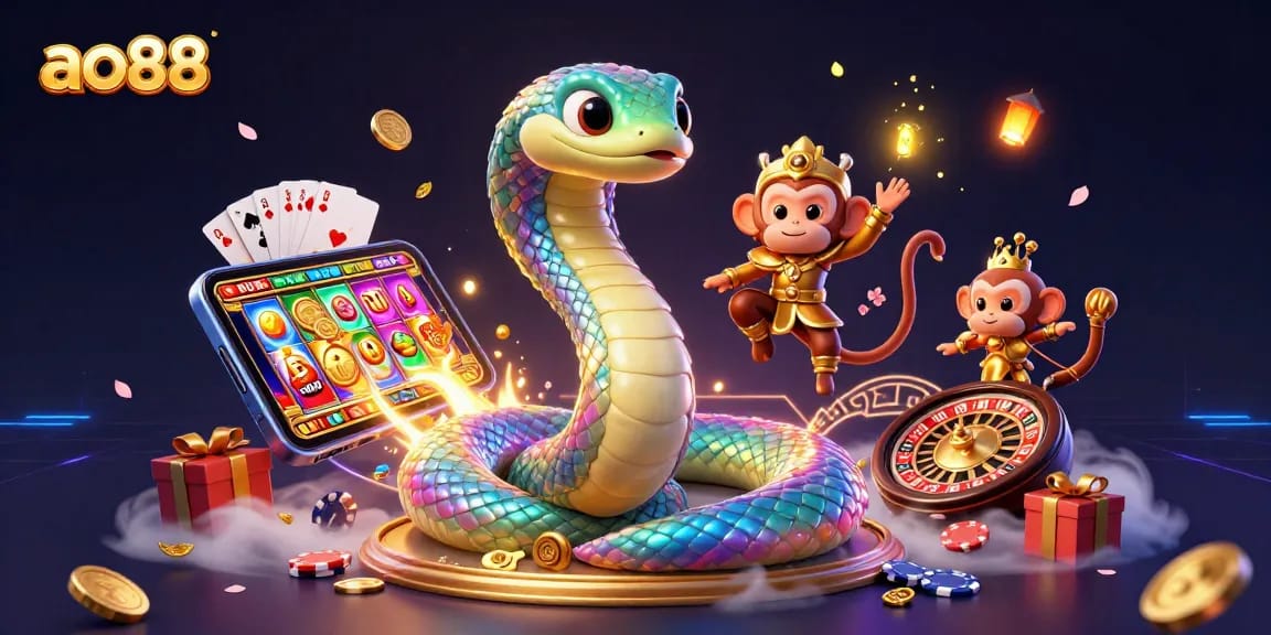 Play and win at ao88 with vibrant casino-themed illustration featuring a rainbow serpent and monkey king.