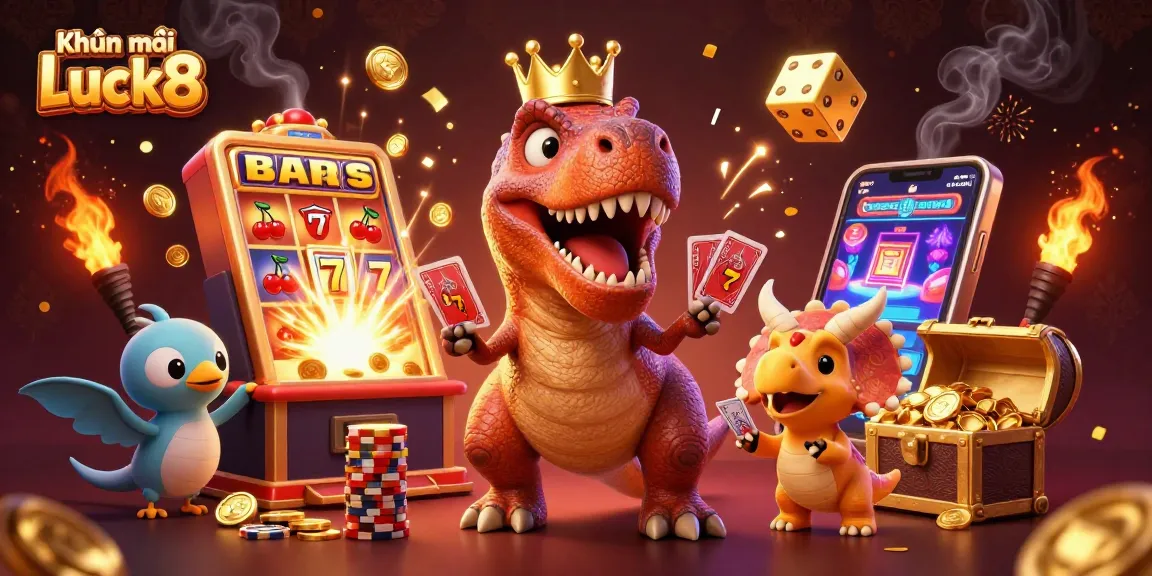 Engage with Khuyến mãi Luck8, featuring fun T-Rex and friends amidst casino excitement.