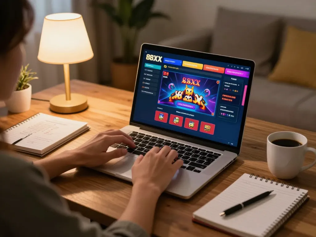 Engaging gameplay with 88xx online casino displayed on laptop, cozy home setting.