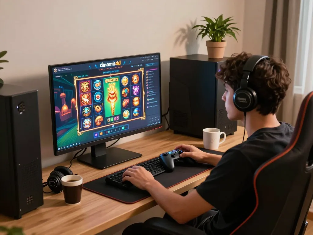 Player engaged with the dinamit4d online gaming platform, showcasing vibrant slot games in a cozy home office.