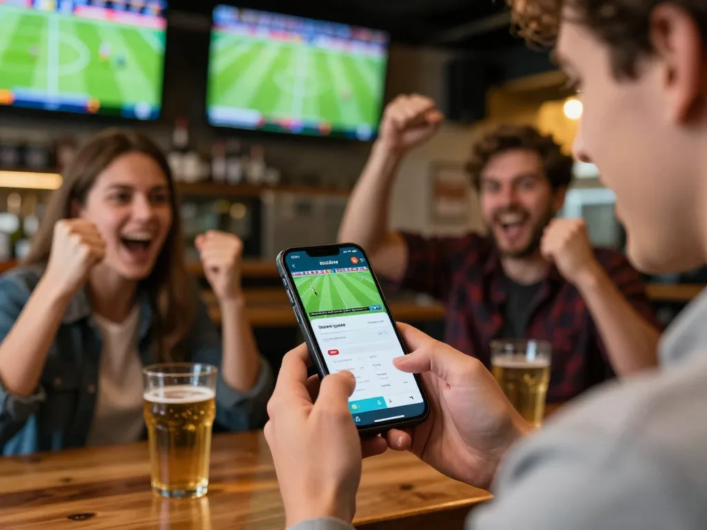 Socolive user engaging with sports betting app during live match at sports bar