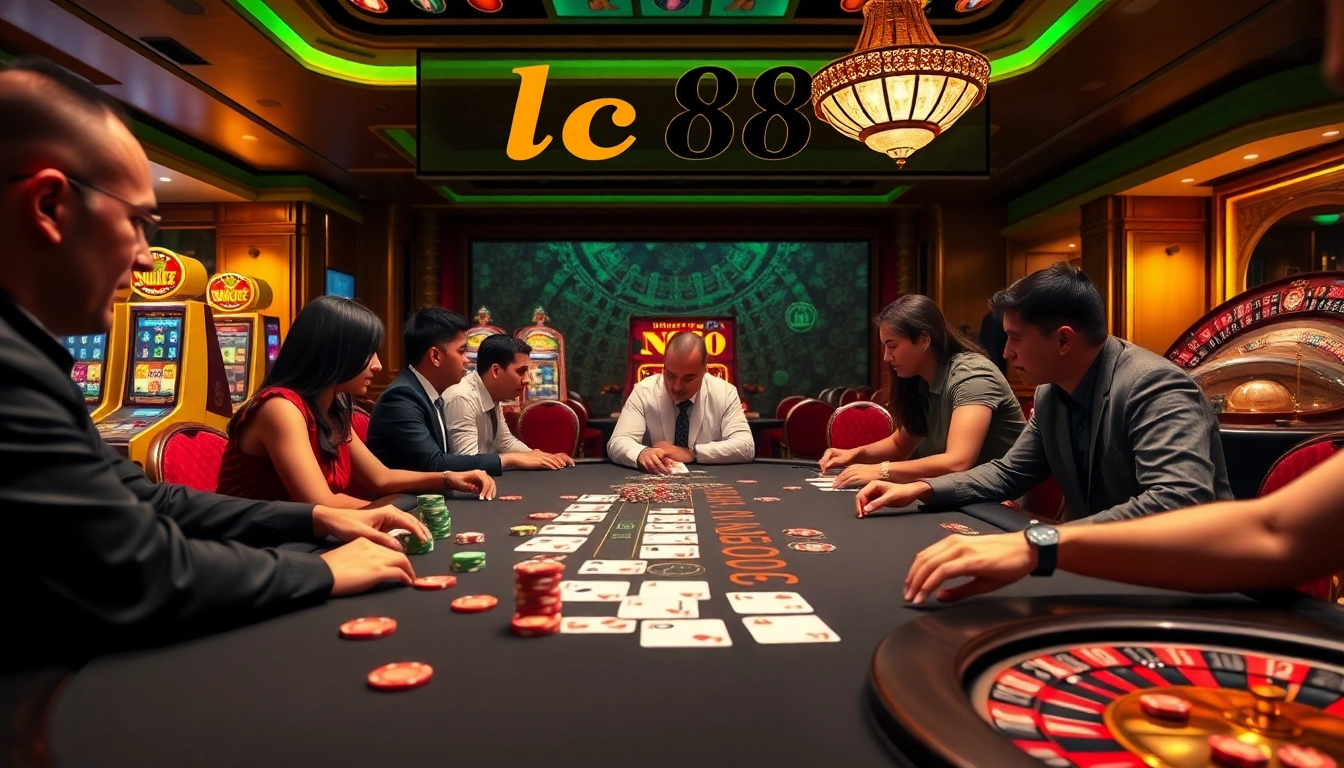 Players strategizing at a blackjack table in lc88 casino, showcasing an exciting casino atmosphere.