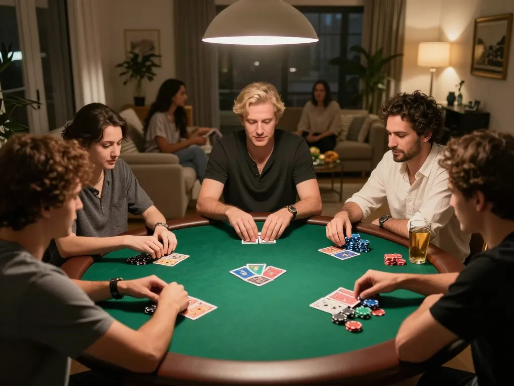 Players enjoying a game of poker at home, showcasing 99ok strategy and camaraderie.