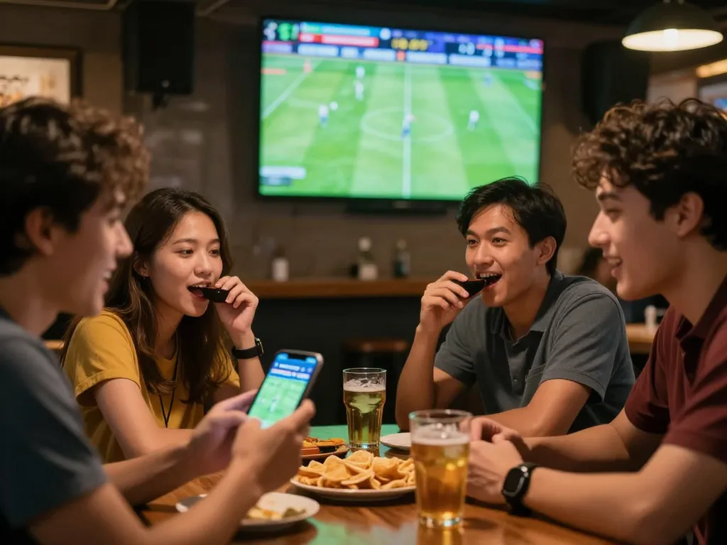 Kèo bóng đá enthusiasts enjoying live betting experience in a sports bar during an exciting match