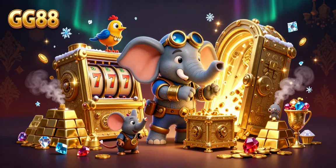 Experience the excitement of GG88 as a steampunk elephant engineer spins a golden slot machine amidst a treasure-filled scene.