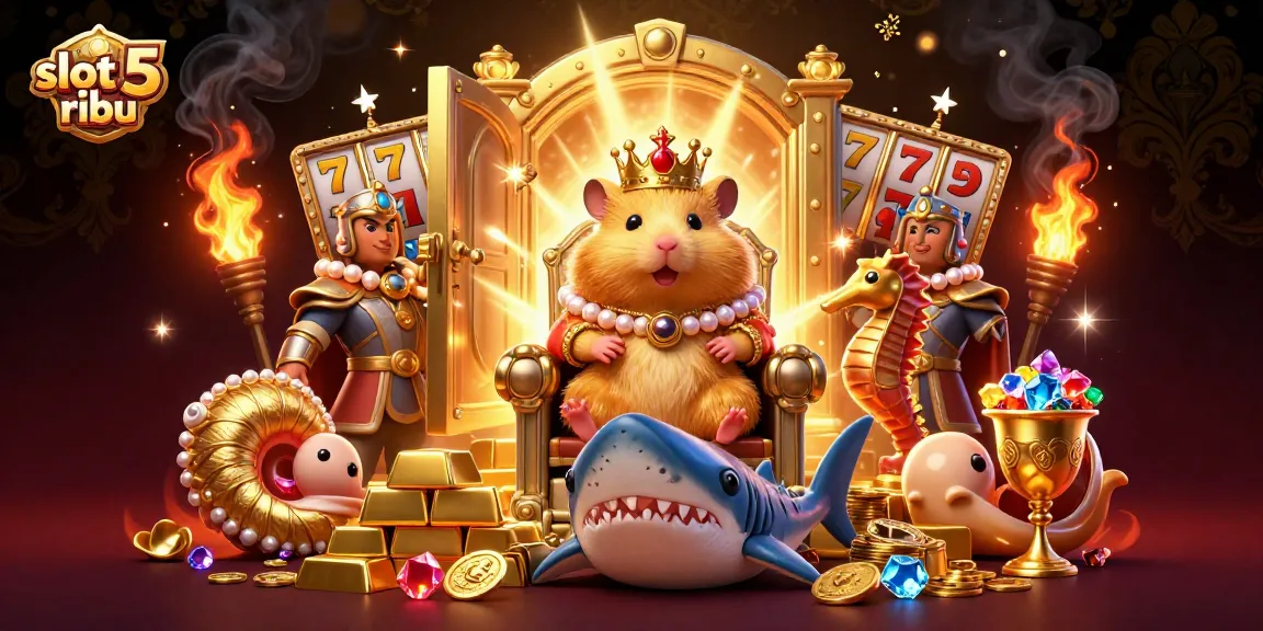 Engage with the thrilling slot 5 ribu experience featuring a golden hamster king on a shark tooth throne amidst treasures.