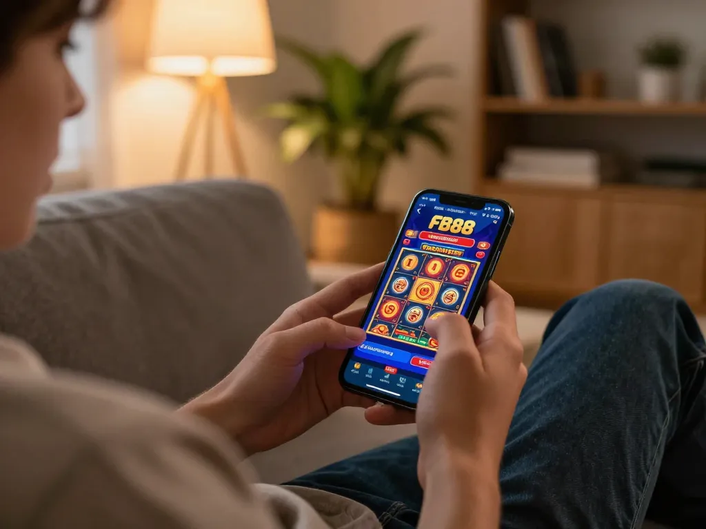 Player enjoying FB88 casino app on smartphone, showcasing engaging gaming experience at home.
