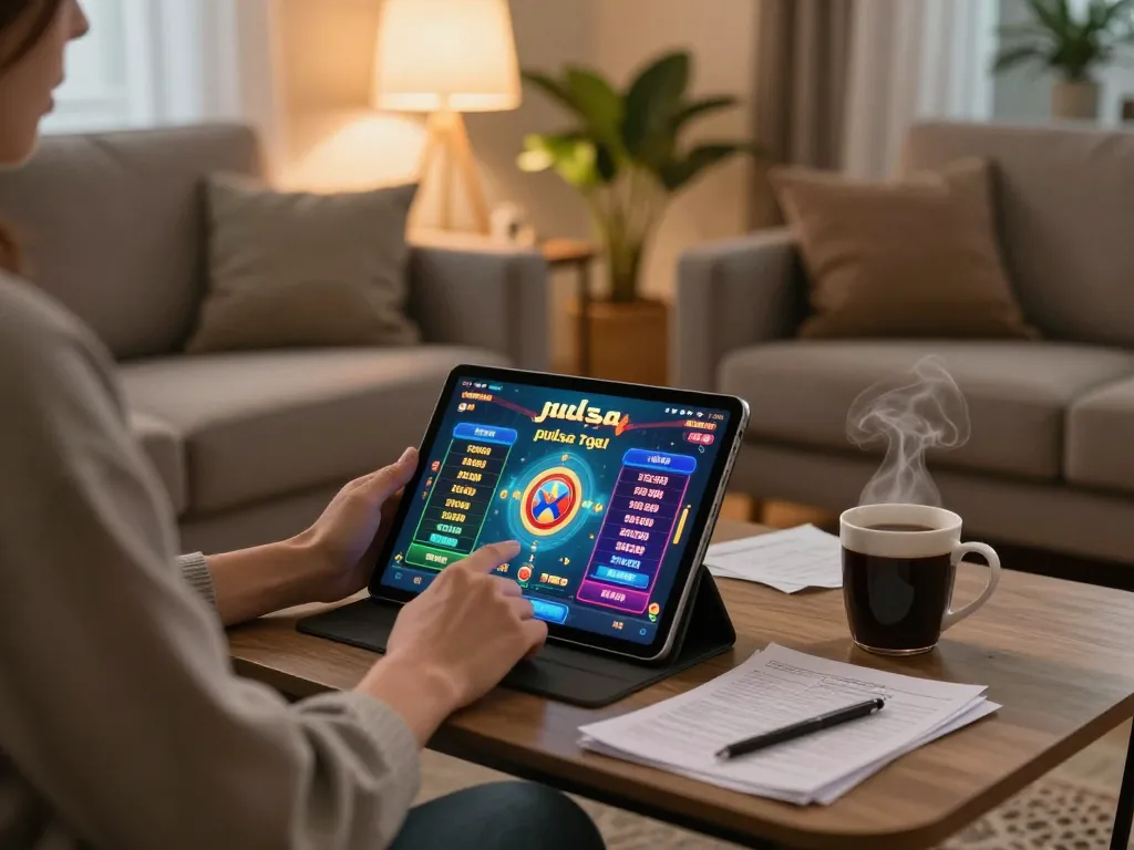 Engaging in pulsa togel at home with tablet showing vibrant online game interface.