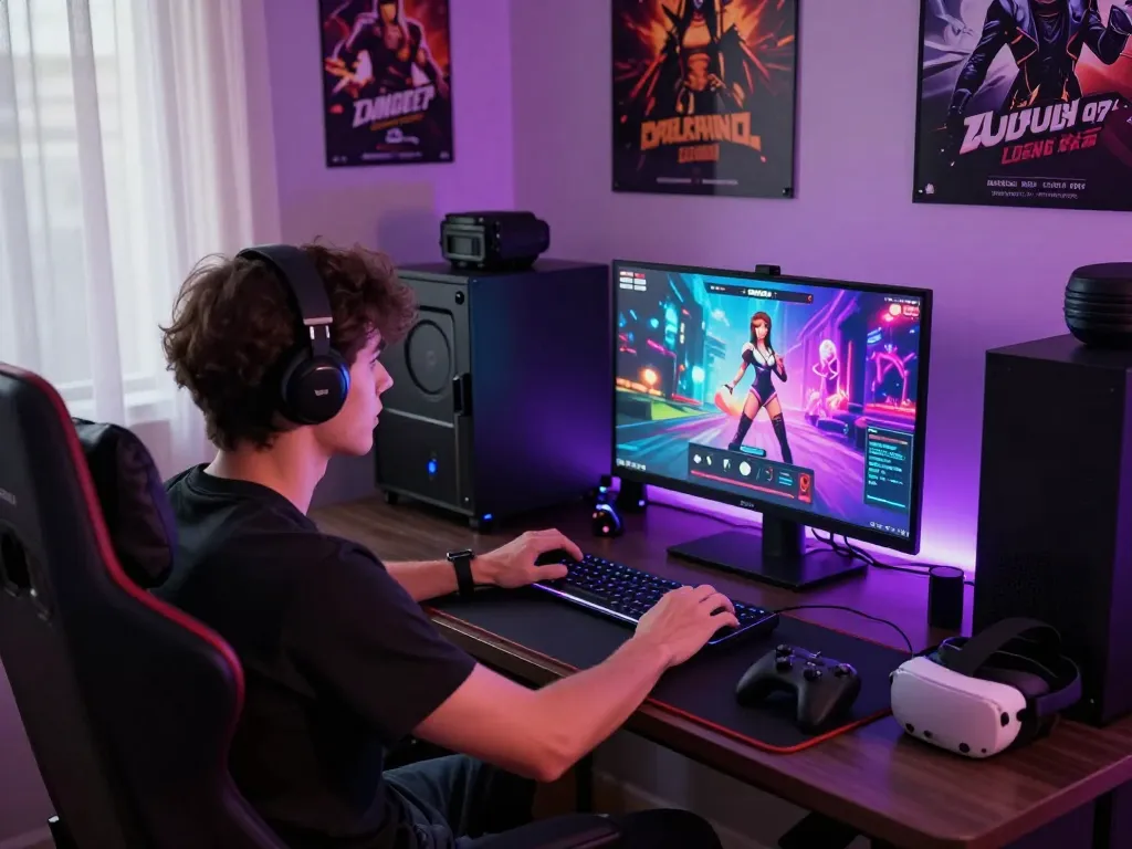 Engaged player immersed in porngames on a vibrant gaming setup with colorful graphics.
