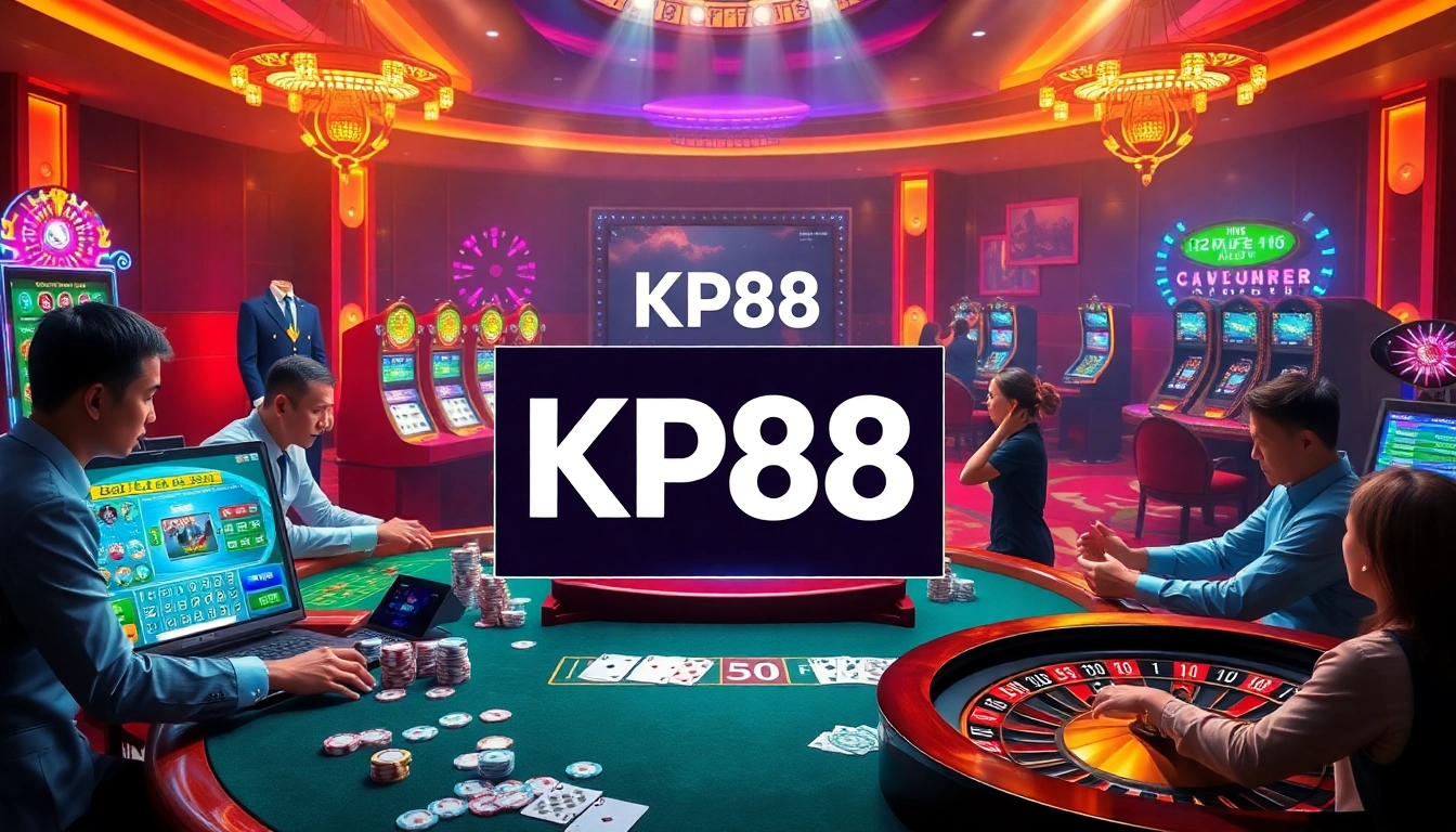 Experience thrilling gameplay at KP88, featuring a luxurious casino scene with vibrant tables and engaging players.