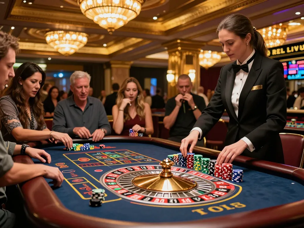 RR88 players engaged in an exciting roulette game, vibrant chips and spinning wheel creating dynamic energy.