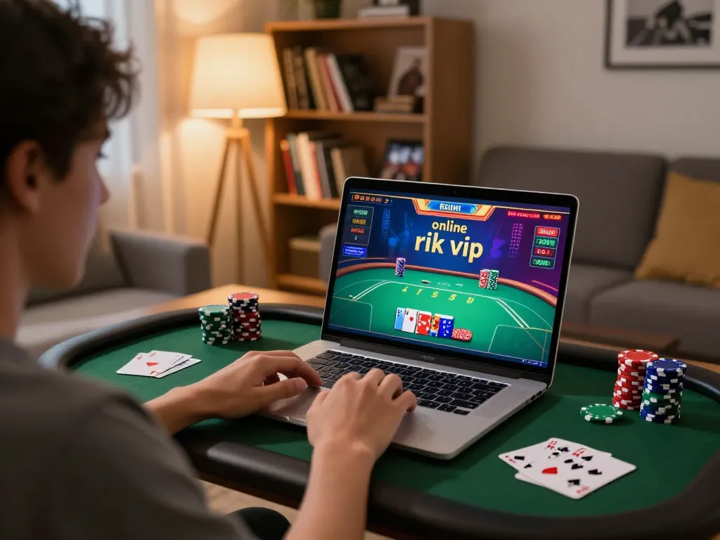 Engaging in online casino games on Rik VIP with vibrant gameplay and cozy home atmosphere.