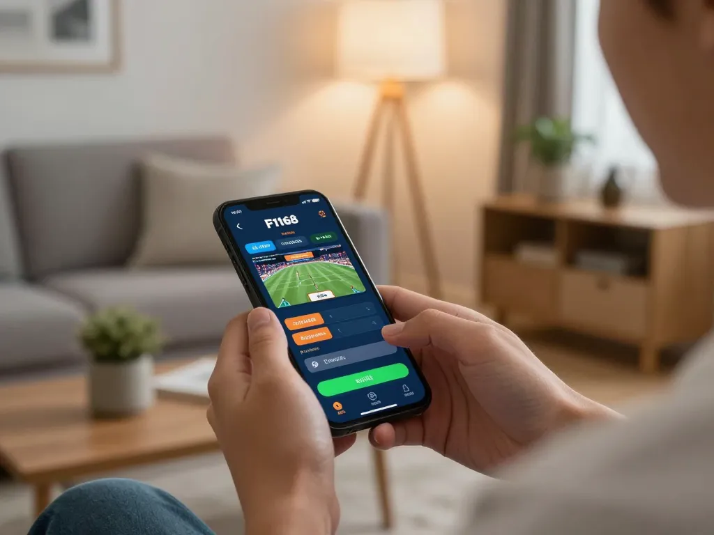 Engaging user placing bets on F168 mobile app in a cozy living room