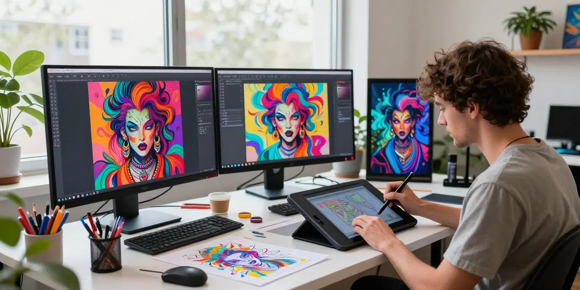 Artist creating provocative digital images using nsfw ai technology in a vibrant art studio.