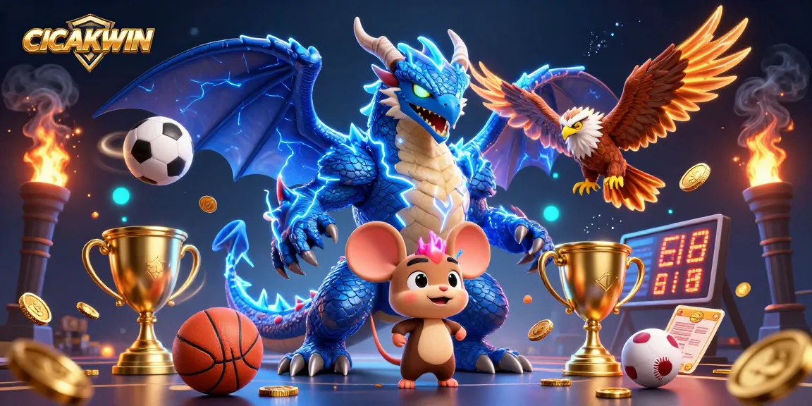 CICAKWIN engages players with an electric 3D illustration showcasing dynamic sports betting elements and characters.