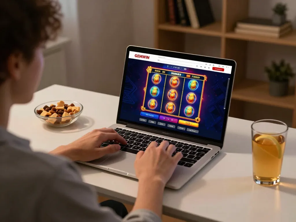Player enjoying online slot games at https://gemwin.pics in a cozy home office setting.